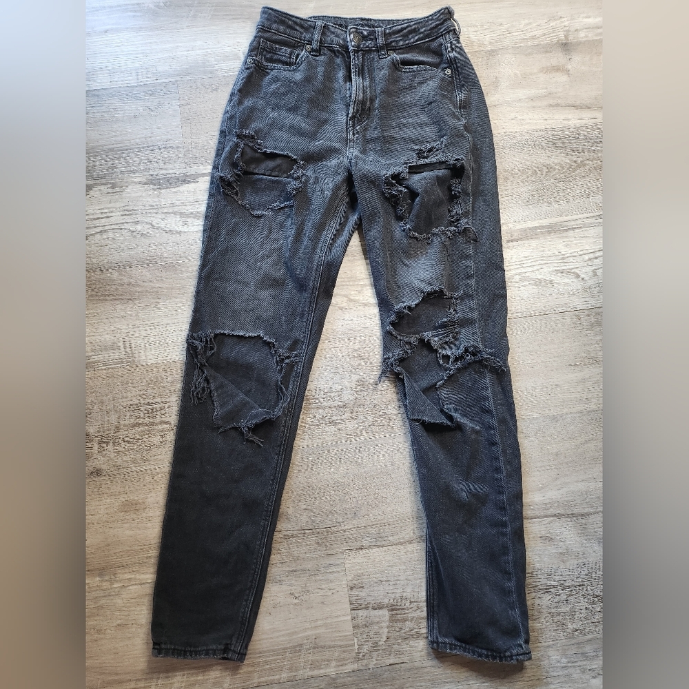 American Eagle Outfitters Distressed  Black Wash Denim Long Skinny Jeans